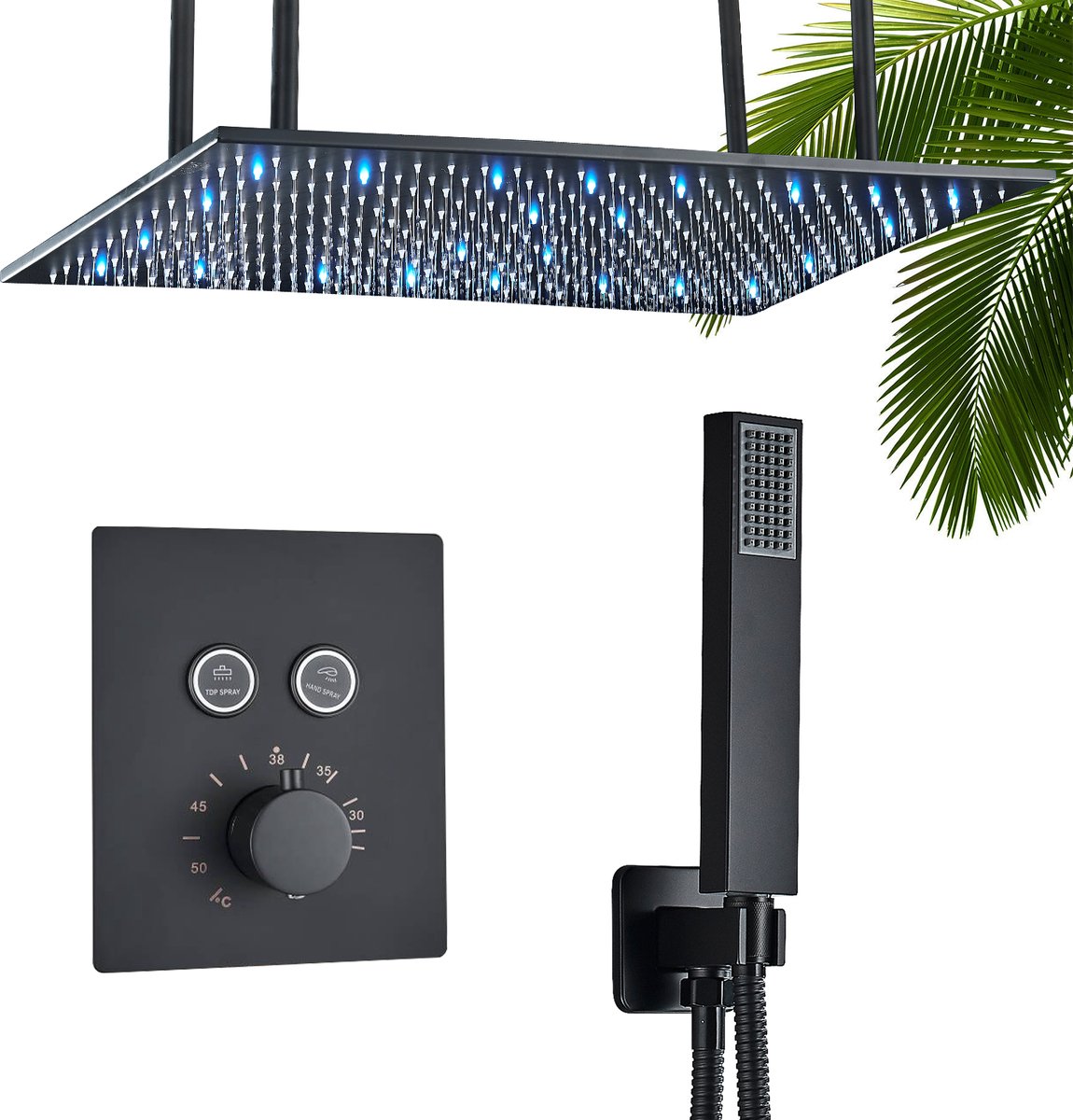 Hydromassage Deluxe LED-douchekolom voor plafondmontage 40 x 80 cm Waterval douchekop met handdouche Douchesysteem, zwarte douchekraan