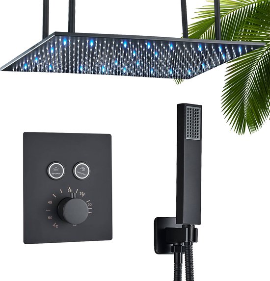 Zwart, rechthoekig plafonddouchesysteem met LED's en massagedouchekop (80x40cm), handdouche en zwarte thermostaatkraan.