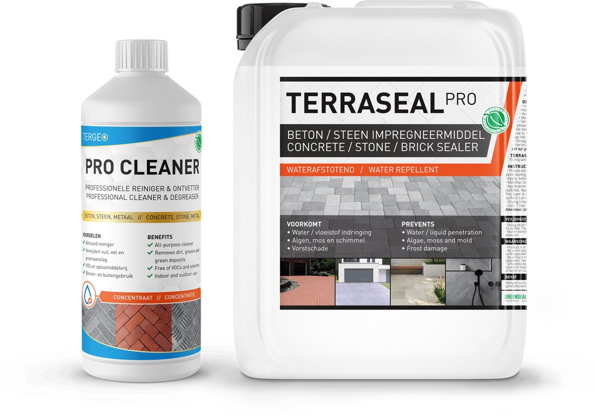 Terras impregneermiddel - Nano Coating - 100% Waterdicht impregneren van Steen, Betontegels, Tuintegels | Reinigen van Dakpannen, Schoorsteen, Buitenmuur - Terraseal Pro 5L / 30m² + 1L Terrasreiniger ULTRA concentraat