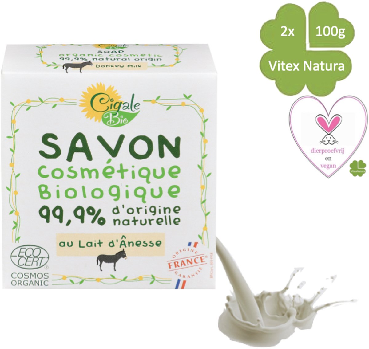 Cigale Bio | Biologische ezelinnenmelk zeep 2x100g | Verlicht eczeem, psoriasis & dermatitis | Diervriendelijk