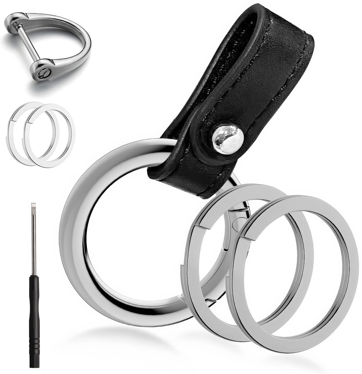 Luxe Leren & Staal Sleutelhanger voor Volwassenen - Auto Sleutelhouder - Keychain met Karabijnhaak, Musketonhaak en Sleutelringen - Autosleutel voor Vrouwen, Mannen, Dames - Karabijnsluiting Sleutel hanger - Auto Accessoires
