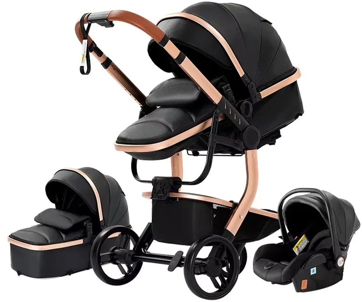 Rustive Luxe Kinderwagen 3 in 1 - Kwalitatieve Buggy - Multifunctioneel - PU Waterdicht - Inklapbaar - Incl. Autostoel - Zwart - Rustive - €209,95