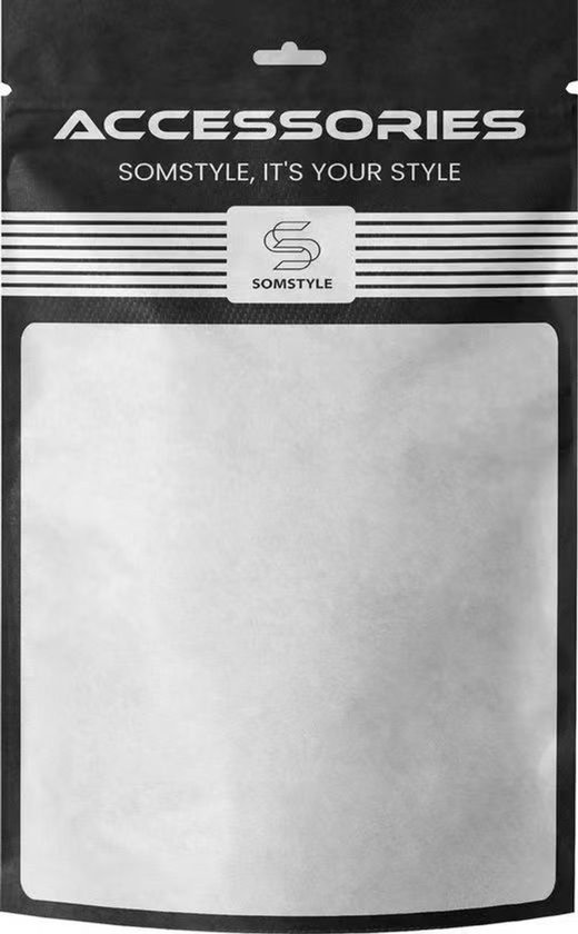 Emballage noir Somstyle pour accessoires, avec des lignes blanches et le logo Somstyle.