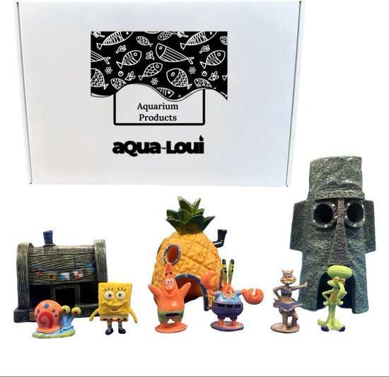 Aqua-Loui® - Aquarium Decoratie - Spongebob Ornamenten - Complete set van 3 huisjes en 6 poppetjes