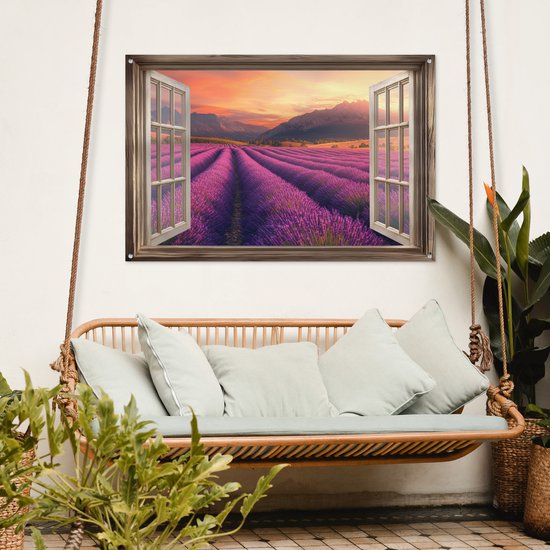 Tuinposter 120x80 cm - Tuindecoratie Doorkijk - Lavendel - Landschap - Bloemen - Paars - Poster voor in de tuin - Buiten decoratie - Schutting tuinschilderij - Tuindoek muurdecoratie - Wanddecoratie balkondoek