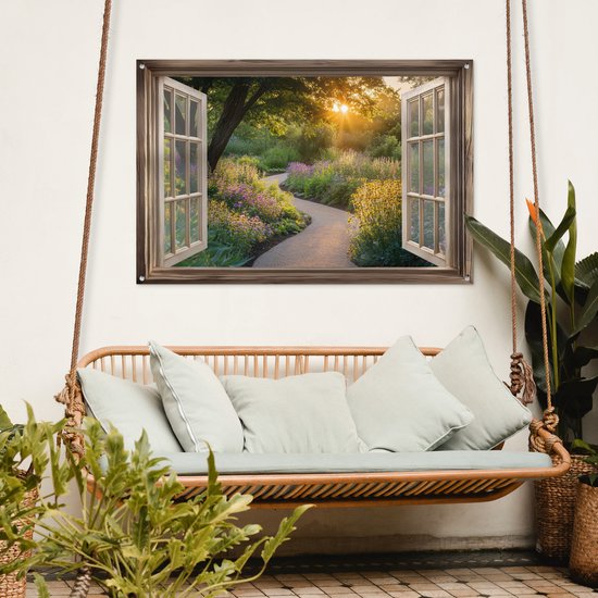 Affiche de jardin 120x80 cm - Décoration de jardin Vue - Fleurs - Nature - Soleil - Chemin - Affiche pour le jardin - Décoration extérieure - Tableau de jardin clôture - Décoration murale sur toile de jardin - Décoration murale sur toile de balcon