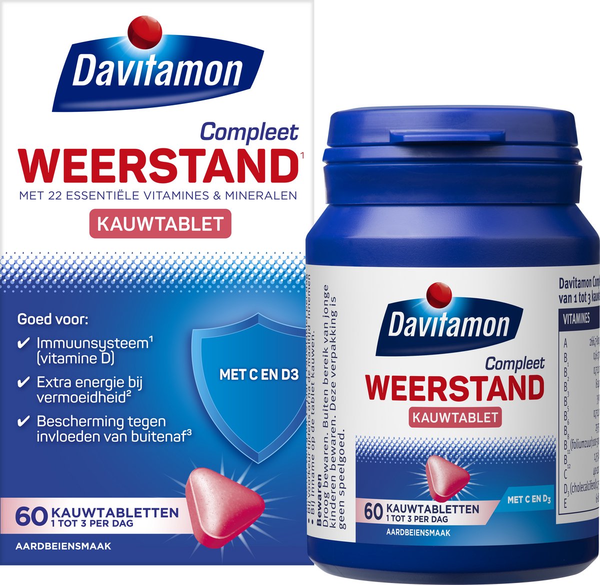 Davitamon Compleet Weerstand - Kauwvitamines - Multivitamine - aardbei - 60 tabletten