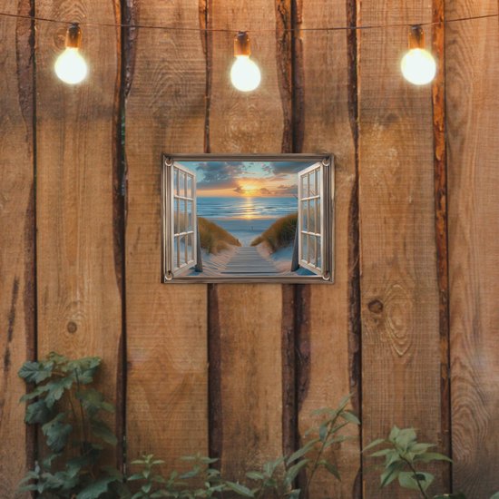 Tuinposter 40x30 cm - Tuindecoratie Doorkijk - Strand - Pad - Zonsondergang - Poster voor in de tuin - Buiten decoratie - Schutting tuinschilderij - Tuindoek muurdecoratie - Wanddecoratie balkondoek