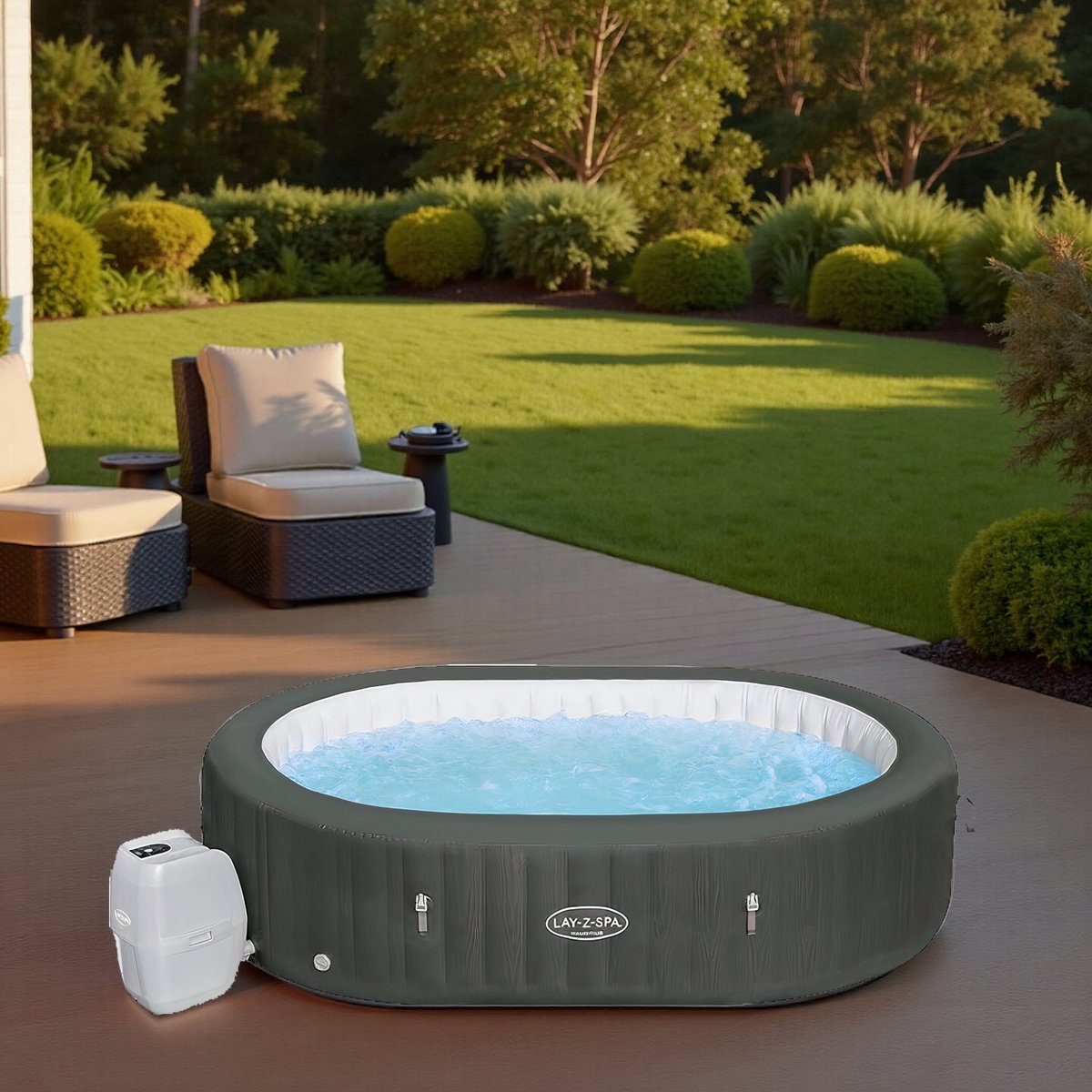 Luxe Opblaasbare Jacuzzi & Whirlpool Mauritius AirJet | 7 Personen | 270 x 180 x 71 cm | Ovaal Bubbelbad | 180 Massagejets | Verwarming tot 40°C | Inclusief Thermische Afdekking, ChemConnect & Filterset | Voor Binnen & Buiten hometotry