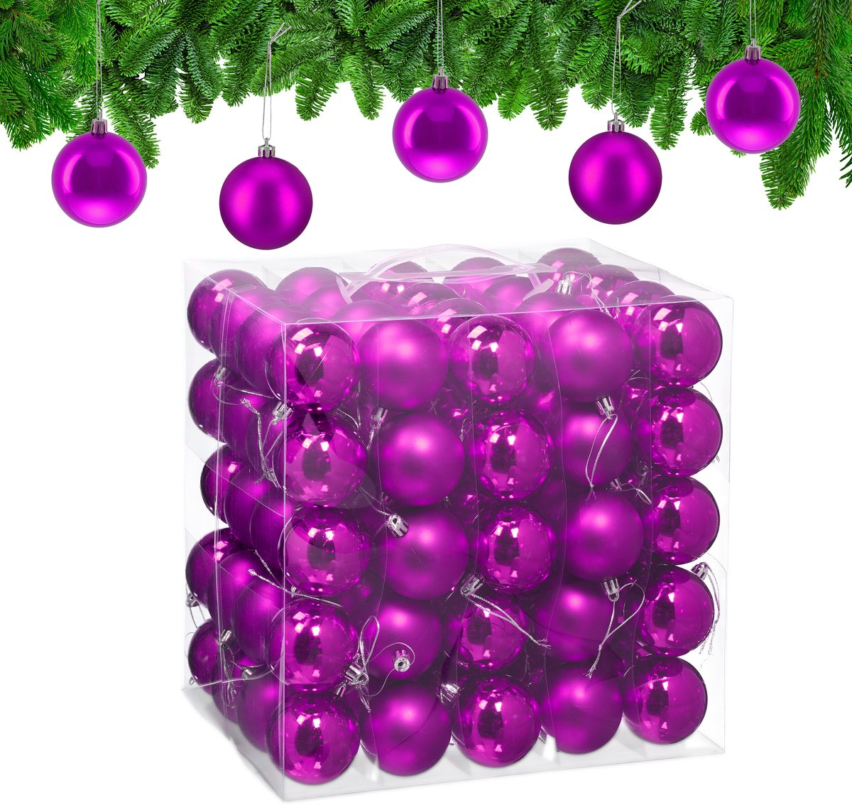 Paarse kerstballen set van 100 stuks, glanzend en mat, gemaakt van kunststof, diameter 6 cm.