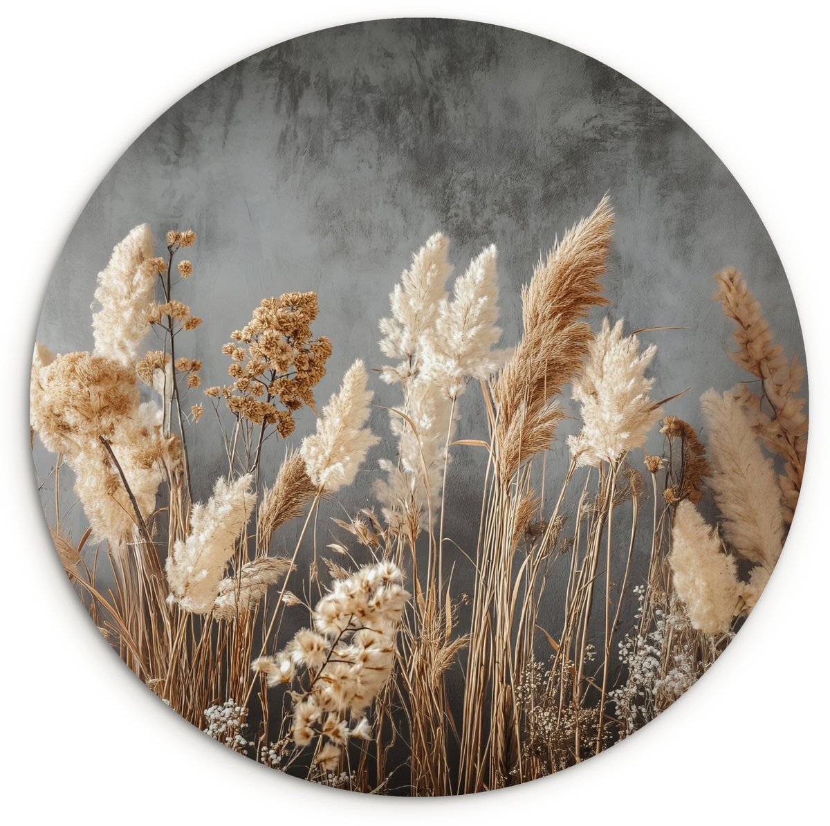 WallCircle Wandcirkel 90x90 cm - Muurcirkel Gedroogde Veldbloemen - Grijs - Beton - Muurdecoratie woonkamer - Wanddecoratie slaapkamer - Kamer decoratie accessoires - Ronde schilderijen Veldbloemen - Beton