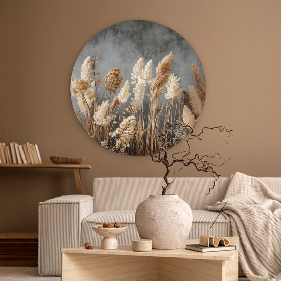 WallCircle® Wandcirkel 90x90 cm - Muurcirkel Gedroogde Veldbloemen - Grijs - Beton - Muurdecoratie woonkamer - Wanddecoratie slaapkamer - Kamer decoratie accessoires - Ronde schilderijen