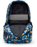 Open blauwe rugzak met veelkleurig geometrisch patroon. Binnenkant toont laptopvak en voering.