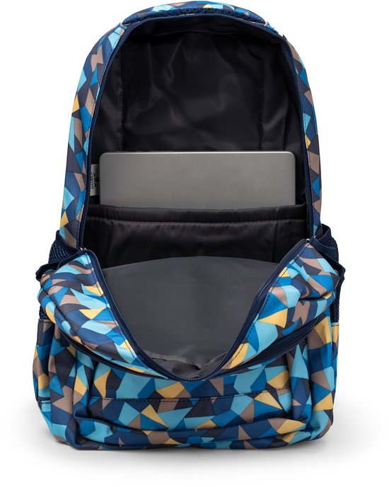 Open blauwe rugzak met veelkleurig geometrisch patroon. Binnenkant toont laptopvak en voering.