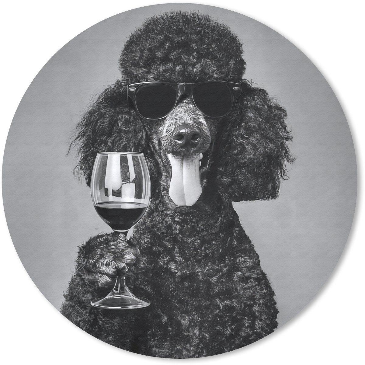 Muismat rond 20x20 cm - Mousepad Hond - Krullen - Zonnebril - Wijn - Ronde muismatten