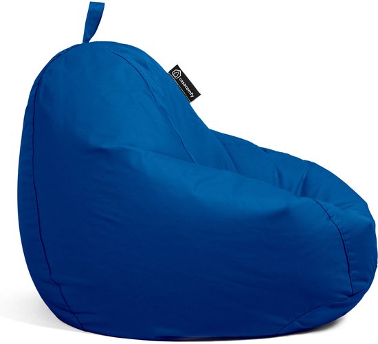 Een donkerblauwe zitzak in profiel met een handvat.