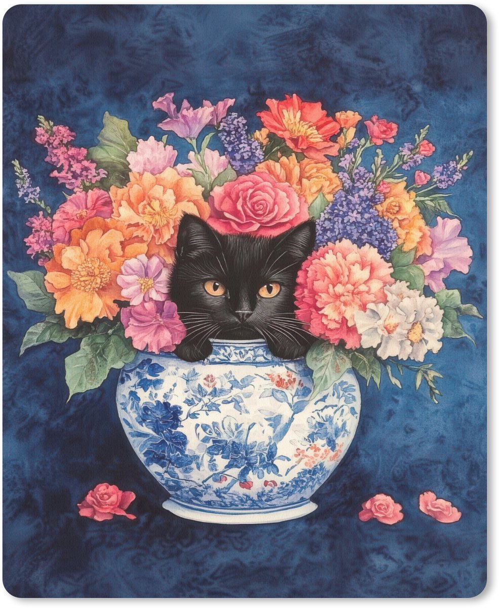 Muismat 19x23 cm - Mousepad Kat - Felgekleurde bloemen - Vaas - Muismatten