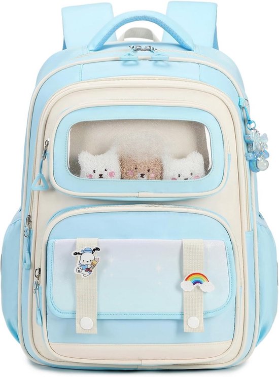 Sac à dos bleu clair et crème avec deux compartiments transparents contenant des oursons en peluche, une application arc-en-ciel et une breloque.