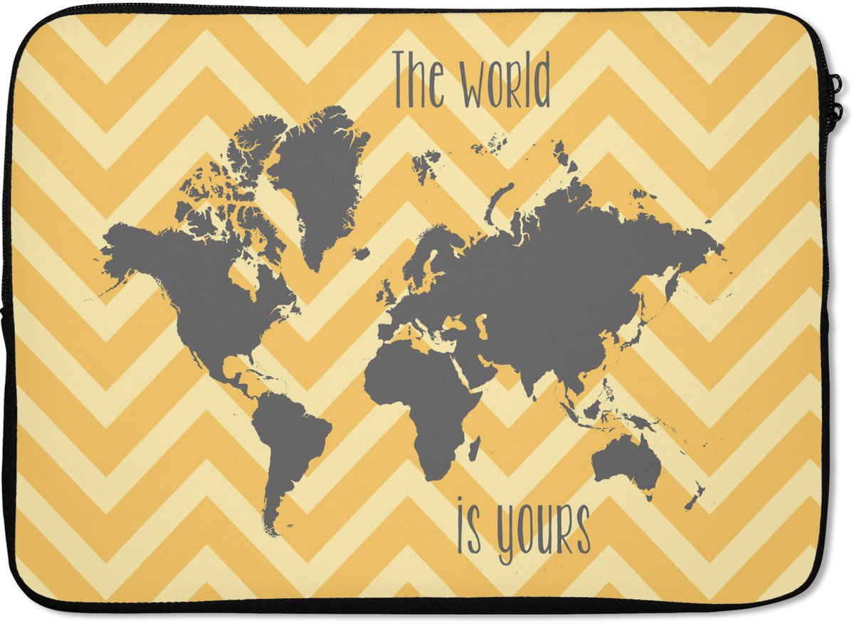 Laptophoes 13 inch - Wereldkaart - Grijs - Patroon - Laptop sleeve - Binnenmaat 32x22,5 cm - Zwarte achterkant