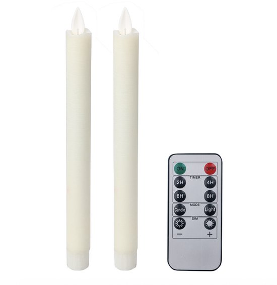 LED kaarsen met bewegende vlam 2x - Ivoor - Ivory - Afstandsbediening - Dinerkaars rustiek wax 23 cm - LED kaars batterij