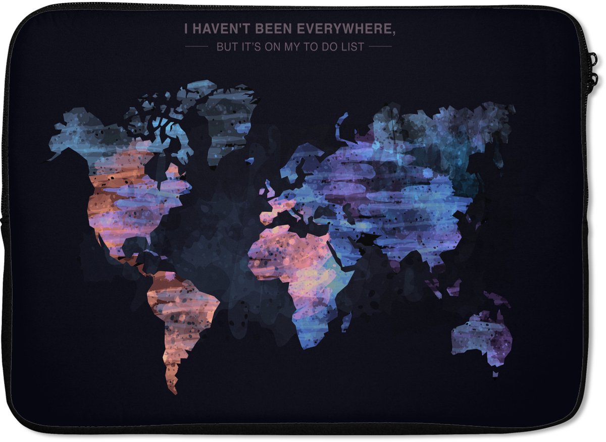 Laptophoes 13 inch - Wereldkaart - Verf - Vintage - Laptop sleeve - Binnenmaat 32x22,5 cm - Zwarte achterkant