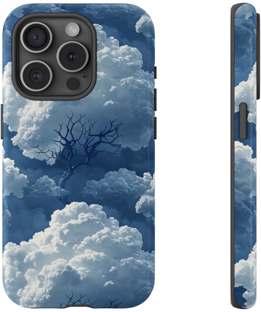 3D Wolken en Boompatroon – Glanzend Stevig Telefoonhoesje Geschikt voor iPhone 15 Pro