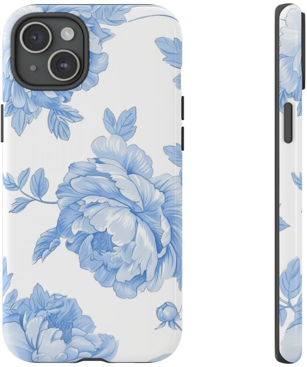 Lichtblauw Pioenrozenmotief – Telefoonhoesje Geschikt voor iPhone 15 Plus