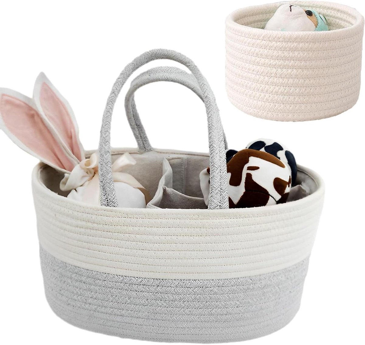 Multifunctionele wikkelmand voor baby's - 2 stuks - 38 x 25 x 17 cm - wit - met vakken en handgrepen - draagbare katoenen organizer voor luiers en luiertas