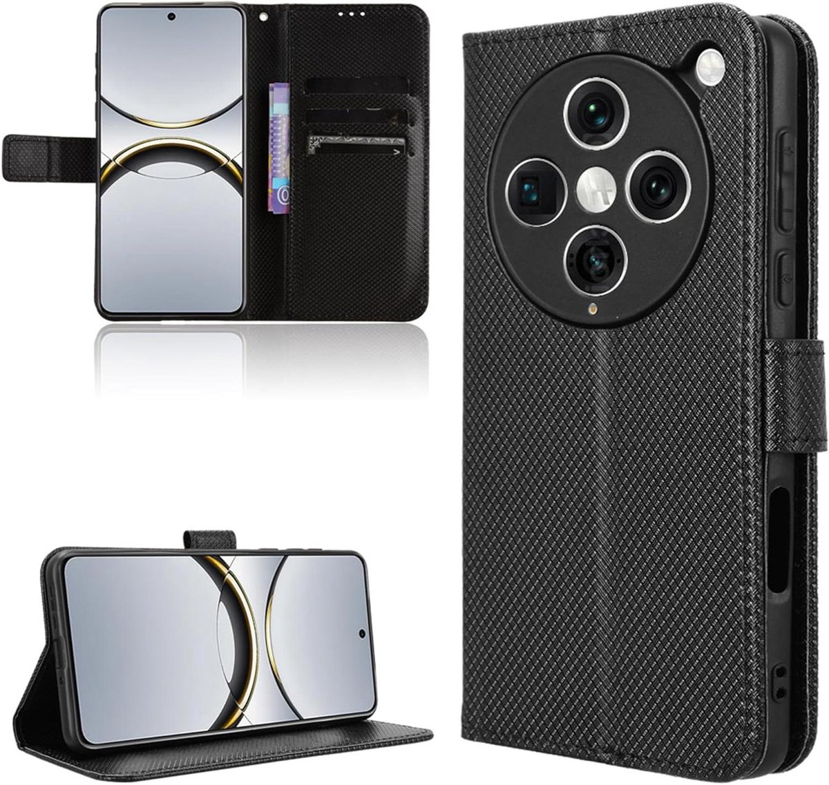 Schokbestendige Premium Vezelhoesje voor Oppo Find X8 Pro 5G - Zwart met Kaartvakken en Magneetsluiting