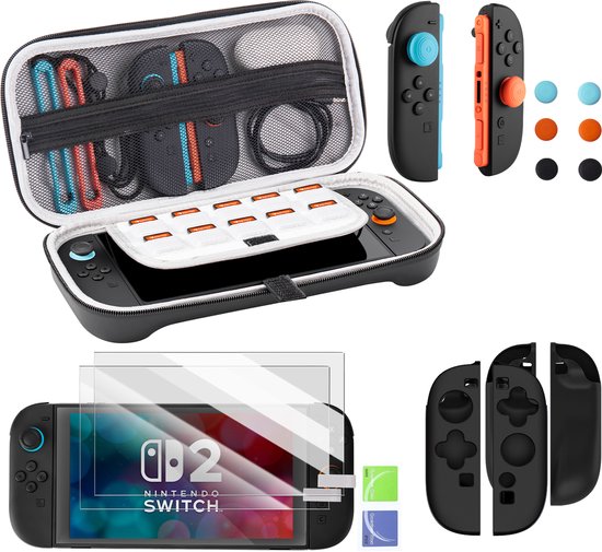 PlayCool Starter Kit geschikt voor Nintendo Switch 2 – Beschermhoes, 2 stuks Screenprotector, 6 stuks Thumb Grips & 2 stuks Joy-Con Siliconen Covers