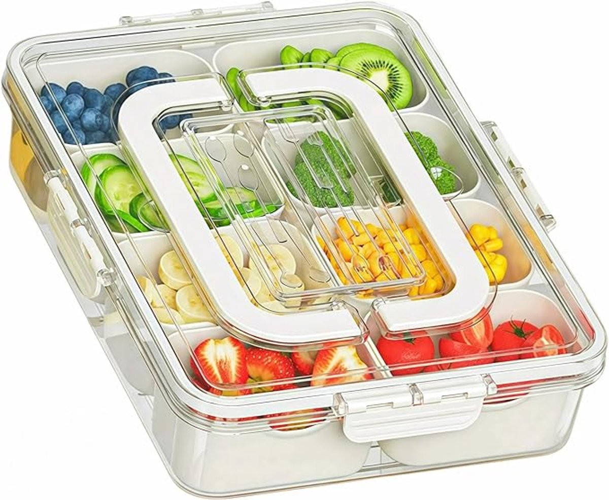 Snackboxcontainer, verdeellade met deksel en handvat, bestekbak