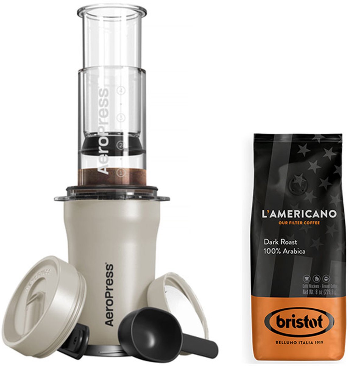 AeroPress Go Plus - Coffee Maker Cream + Bristot L'Americano Dark Roast Koffie 226,8 gram
