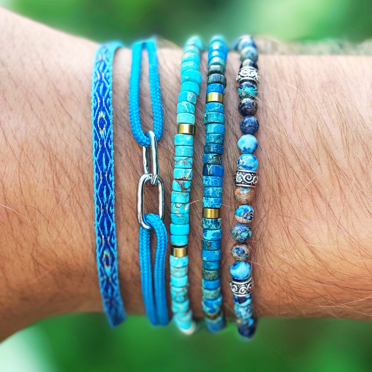 Azurro Virello Heren Armbanden Set – Natuursteen & Kralen – Verstelbaar 19–24 cm – Mannen Armband Casual – Cadeau voor Mannen & Vaderdag – Mediterrane Stijl