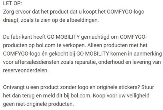 Tekst in het Nederlands over het belang van het COMFYGO-logo op producten voor garantie.