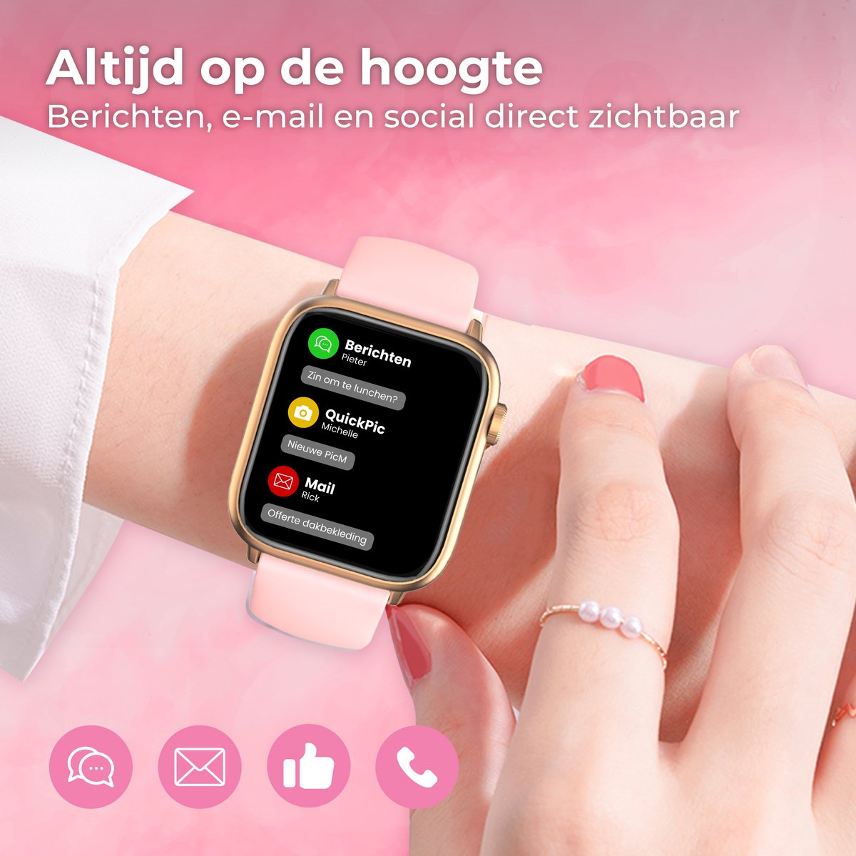 Nuvance Smartwatch Heren & Dames met Bluetooth - 45mm - Geschikt voor alle Smartphones - Stappenteller & Hartslagmeter - Roze – foto 7
