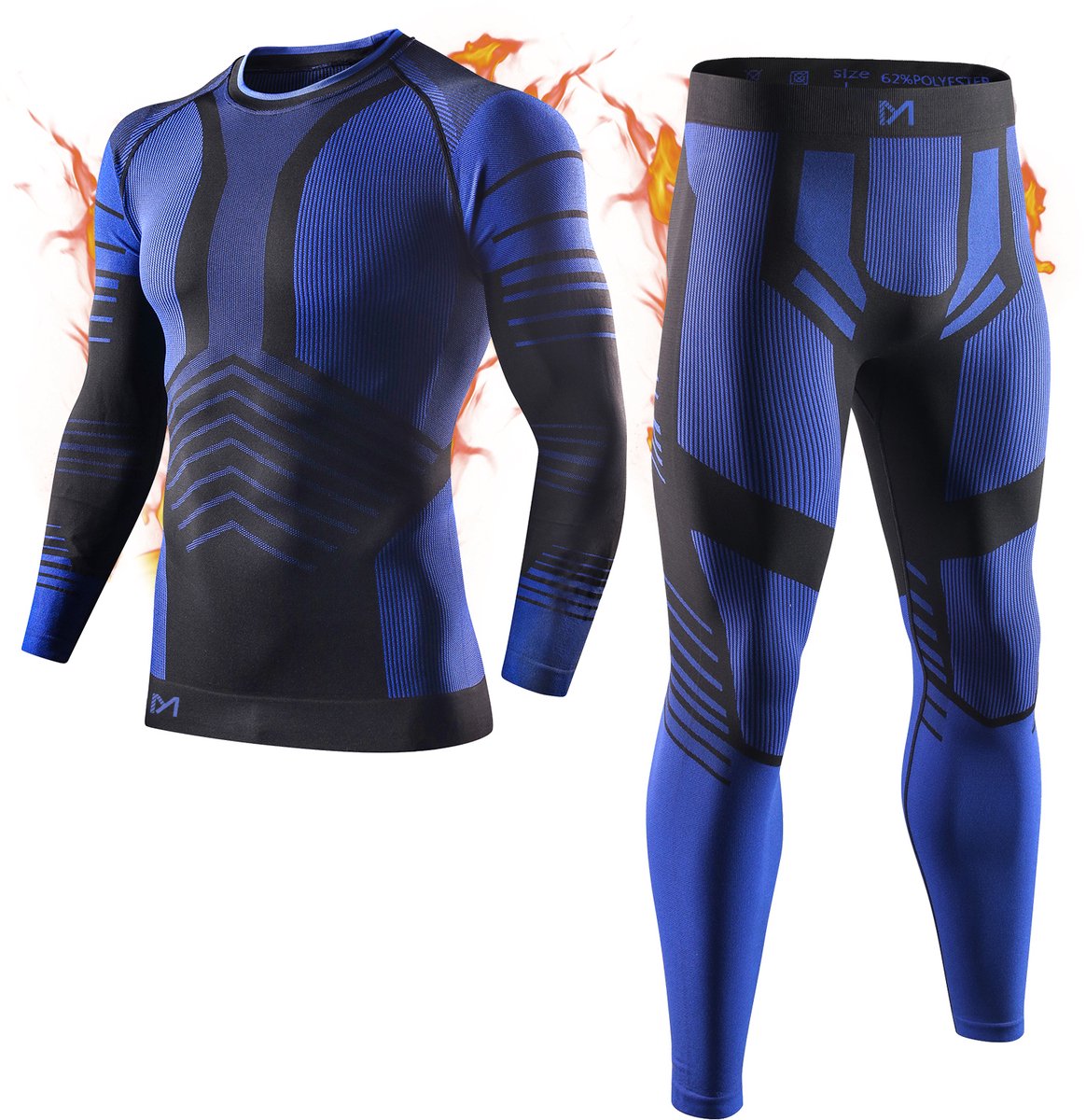 MEETHOO Thermo kleding - thermokleding heren Thermo kleding set voor mannen Thermoset Heren Comfort Thermoshirt Thermo Legging Skisport kleding lange onderbroeken skiën koud basislaag warme winter boven- en onderkant hardlopen-Blauw-M