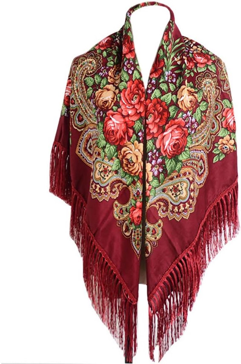 Traditionele damessjaal, omslagdoek, kwastje, sjaal, kwastje, nek, hoofd, sjaal, vintage sjaal, bloemenponcho