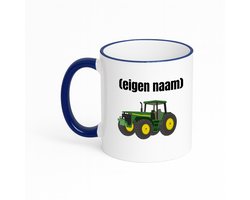 Hacebo® - Tractor koffiebeker met gekleurde rand donker blauw - Boer - Boer of boerin - thee mok - koffie beker - met eigen naam - leuk cadeau voor iemand die op de boerderij werkt - cadeau - kado - koffiemok - 330 ML