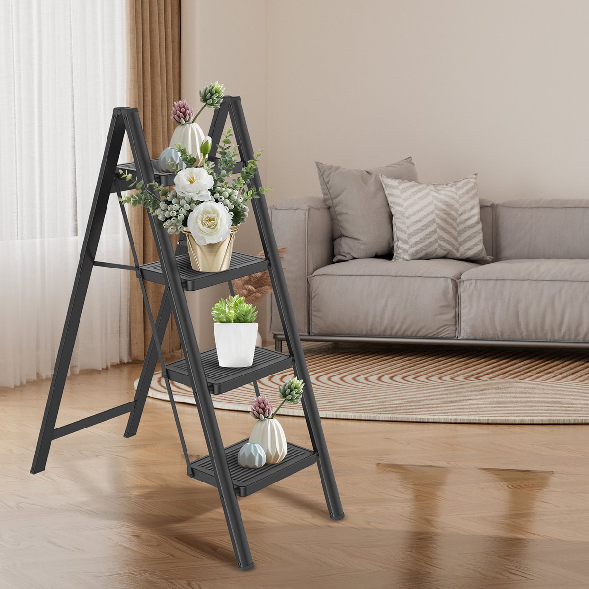 LZQ Opvouwbare trapladder, trapkruk, opvouwbare trap met brede antislip pedaal, multifunctionele huishoudtrap, trap tot 150 kg, zwart voor thuis, keuken, kantoor, buiten - 4 treden – foto 6