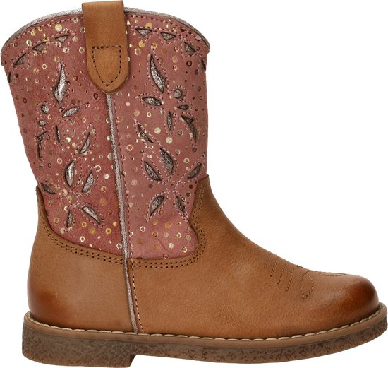 Roze laarsje met glitter en bloemenmotief, cognac leren onderkant, ritssluiting.