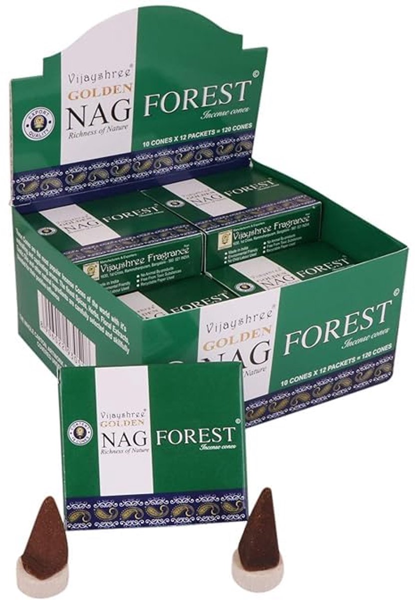 Vijayshree Golden Nag Forest Masala Wierookkegels – 12 Pakketjes x 10 Kegels | 100% Natuurlijke Dhoop Kegels | Handgerold in India, 35-40 min Brandtijd | Meditatie, Yoga & Luchtzuivering met Kajal Sticker