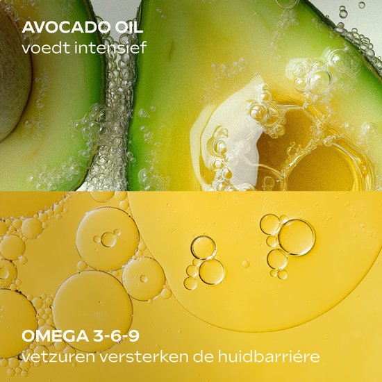Bovenkant: Avocado's met bubbels. Onderkant: Olie met bubbels, met tekst 'AVOCADO OIL voedt intensief, OMEGA 3-6-9 vetzuren versterken de huidbarrière'.