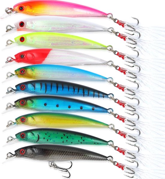 Leurres de pêche, matériel de pêche, appâts pour ménés, appâts vibrants, appâts nageurs, ensembles d'appâts pour ménés, appâts de surface, bar, truite, brochet, appâts vibrants, bouchons pour la pêche au silure, eau douce