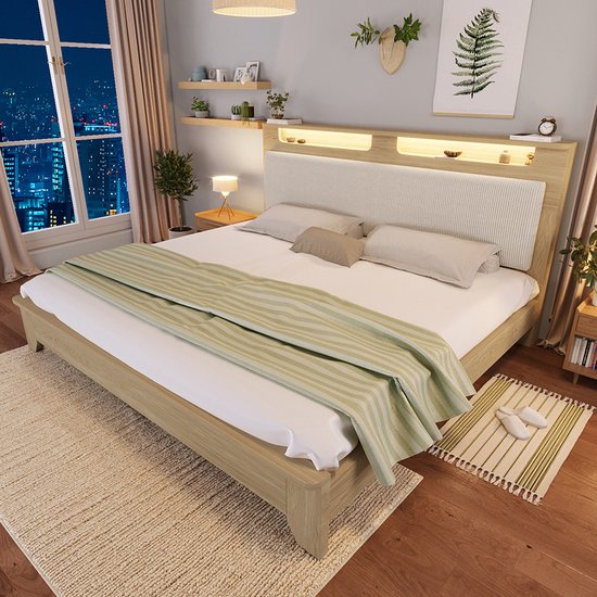 Lit Double 140x200 Cm Avec Tête De Lit LED Et Rangement - Bois Chêne Clair, Dossier Velours Beige - Sans Matelas