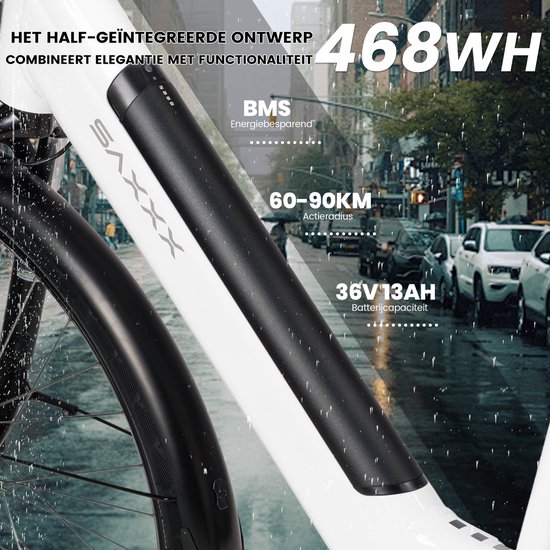 SAXXX Elektrische Fiets Comfort Sport Easy - 468Wh Verwijderbare Accu - 90 km Actieradius - SHIMANO Tourney 7 versnellingen - Achterwielmotor 250W - 28 Inch Wielen - Mechanische schijfrem - Elektrische Stadsfiets - Wit van Saxxx — afbeelding 3