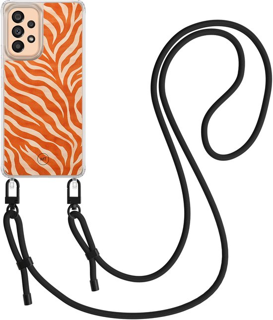 Étui avec cordon pour Samsung Galaxy A52 5G - Orange Zebra - Cordon Zwart inclus - Housse de protection bandoulière - Transparent, Oranje - Superbes Housses de téléphone