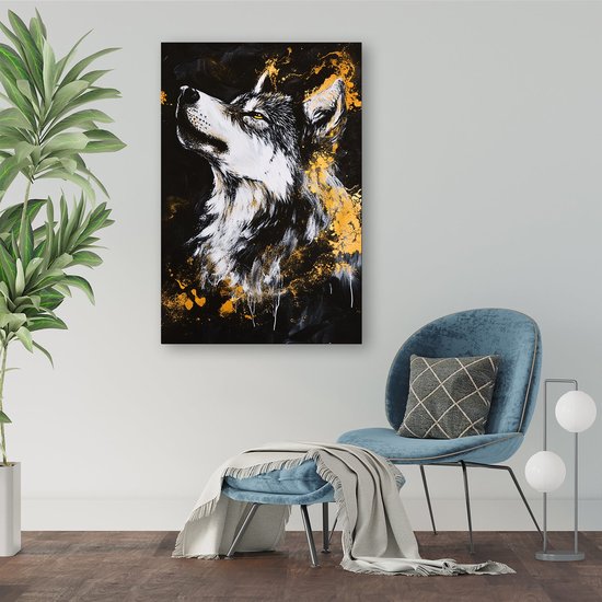 Loup noir et blanc à reflets dorés - Peinture sur verre représentant un loup - Décoration murale animalière en verre - Expressionnisme - Art sur acrylique - Décoration murale pour chambre d'enfant - Verre acrylique 70 x 105 cm