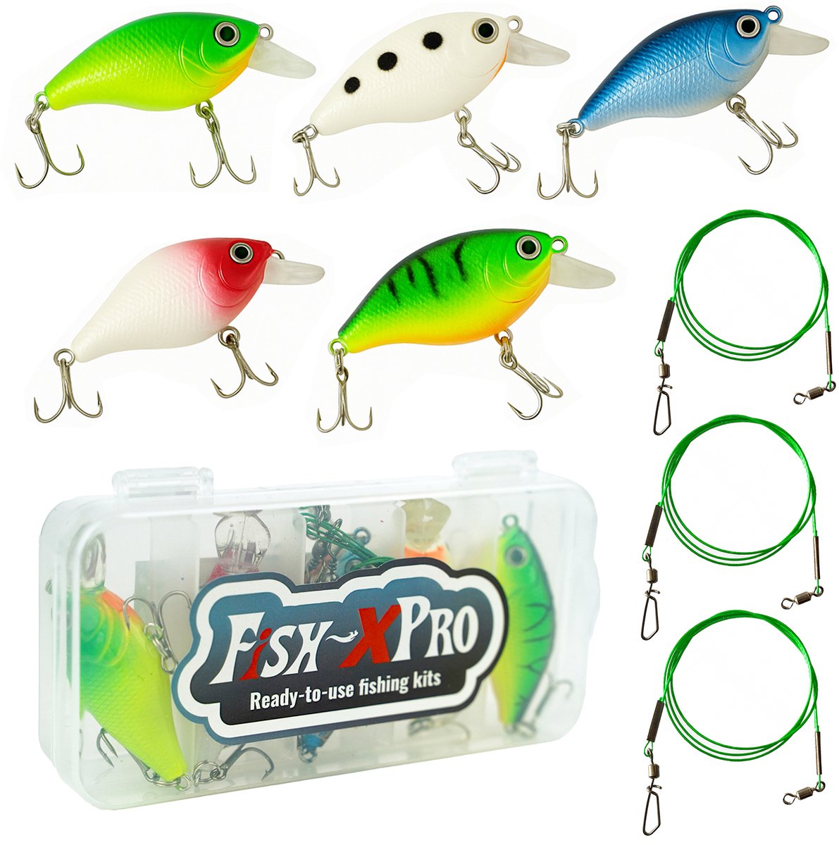 Fish-Xpro Fishinglure set - 5delig - Kunstaas set - Pluggen - Dreggen - incl. Stalen Onderlijnen - Tacklebox- Roofvissen - Snoek Baars