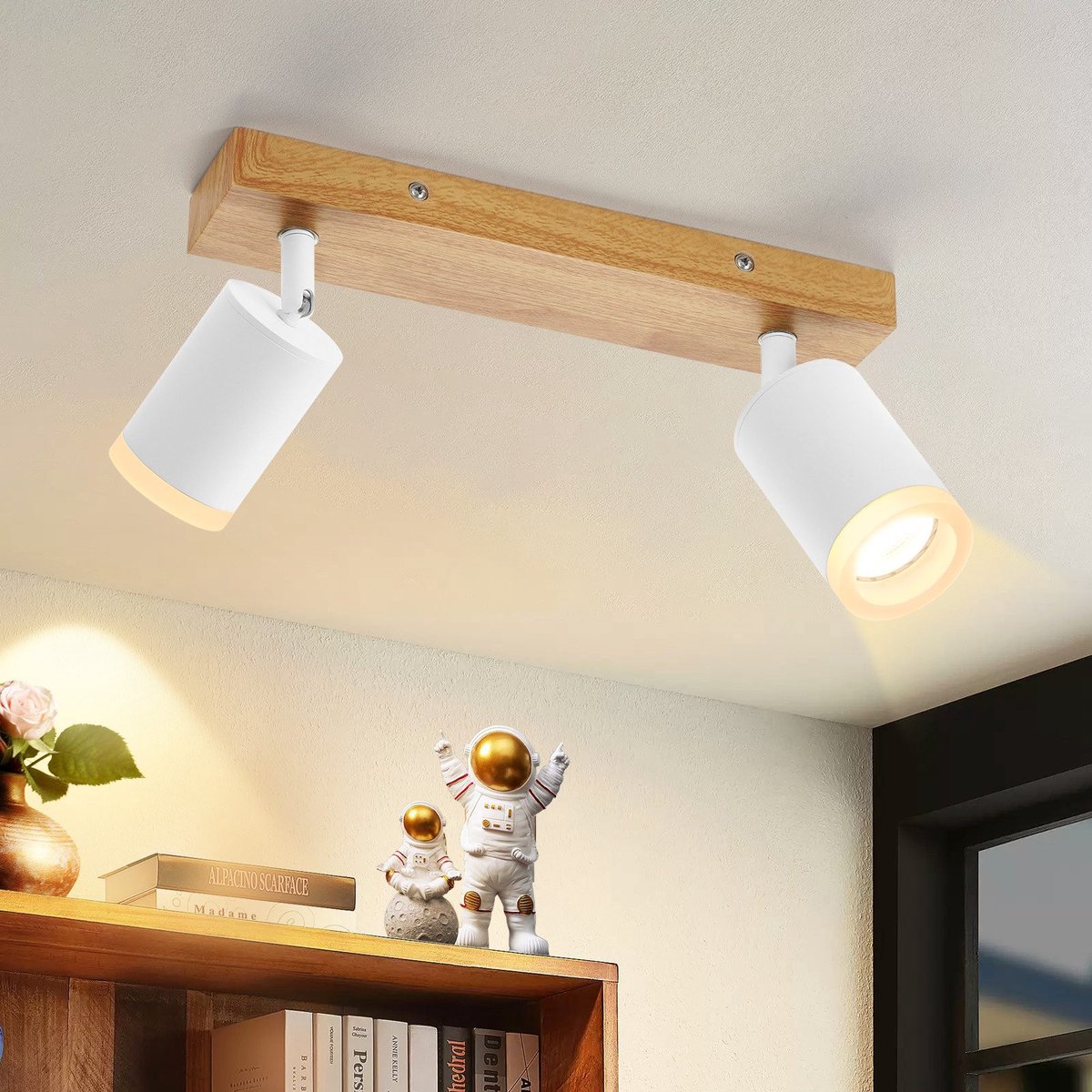 NETTLIFE Opbouwspot Hout - GU10 Fitting - L 28cm - Wit - 2-Lichts - 350° draaibaar - Vintage Plafondlamp - Plafondspot - voor Hal | Slaafkamer | Kantoor | Woonkamer - Zonder Lichtborn