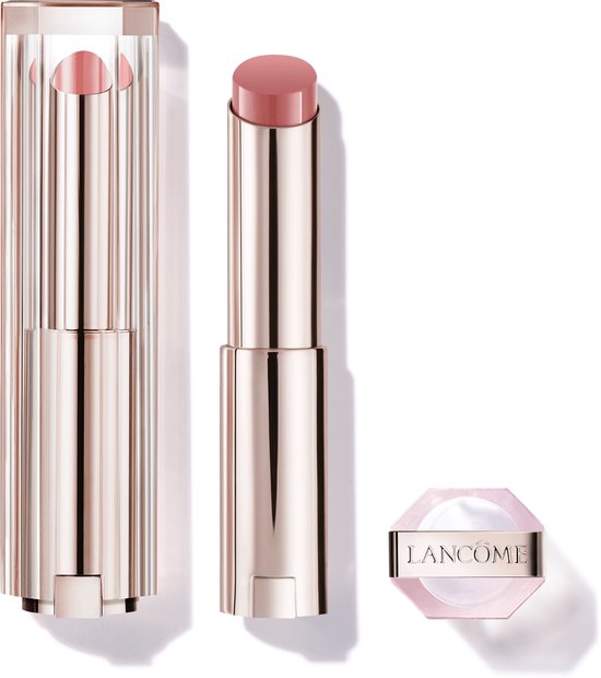 Lancôme lipbutterstick in de kleur 28 Pink Squad, met een doorschijnend roze product en een gouden huls met doorzichtige dop.